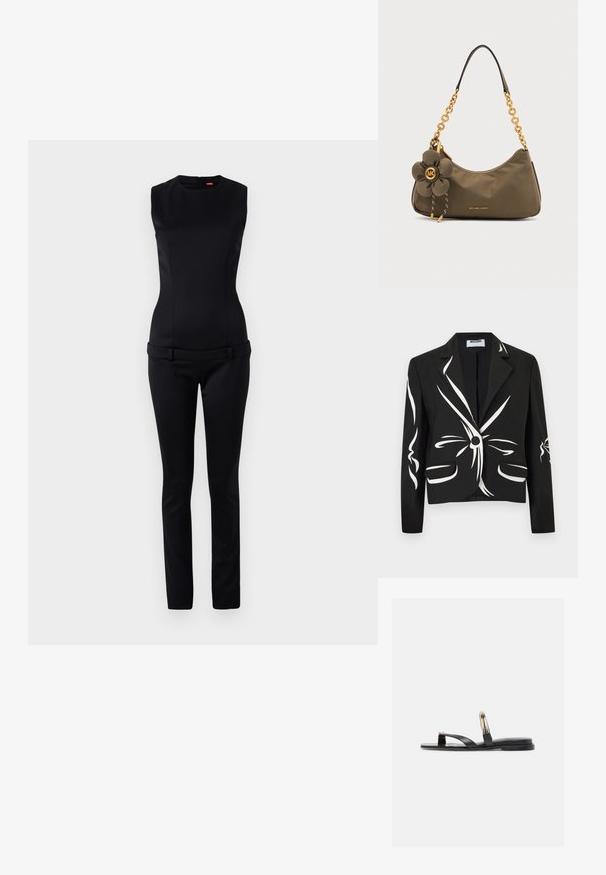 Μαύρο tailored σακάκι με λευκά αφηρημένα μοτίβα βουρτσισμάτων, κλείσιμο με ένα κουμπί, γιακάδες με σχισμές και εμπρόσθιες τσέπες με καπάκι.; Μαύρη αμάνικη φόρμα με εφαρμοστό μπούστο και φαρδιά μέση, διαθέτοντας κομμένα παντελόνια και κλείσιμο με φερμουάρ στην πλάτη. Λείο υλικό.; Μαύρο επίπεδο σανδάλι με δύο λεπτές λουρίδες, ένα δαχτυλίδι για τα δάχτυλα και ένα διακοσμητικό χρυσό και ασημένιο μεταλλικό δαχτυλίδι στον πάνω ιμάντα.; Μικρό ελιά πράσινο τσάντα χειρός με χρυσή αλυσίδα και κρεμαστό λουλούδι, με το λογότυπο Michael Kors μπροστά.