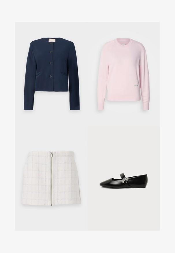 Veste col montant à manches longues bleu marine, sans col, avec quatre boutons noirs et deux poches latérales fentes, coupe ajustée.; Pull en rose clair en tricot doux. Il présente un col rond et des manches longues, avec un petit logo vert sur le bas à gauche.; Mini jupe blanche texturée avec un motif à carreaux et des accents bleus, dotée d'une fermeture éclair à l'avant. Le tissu semble doux et légèrement structuré.; Chaussure plate Mary Jane en cuir noir avec bout arrondi et bride à boucle argentée sur fond uni.