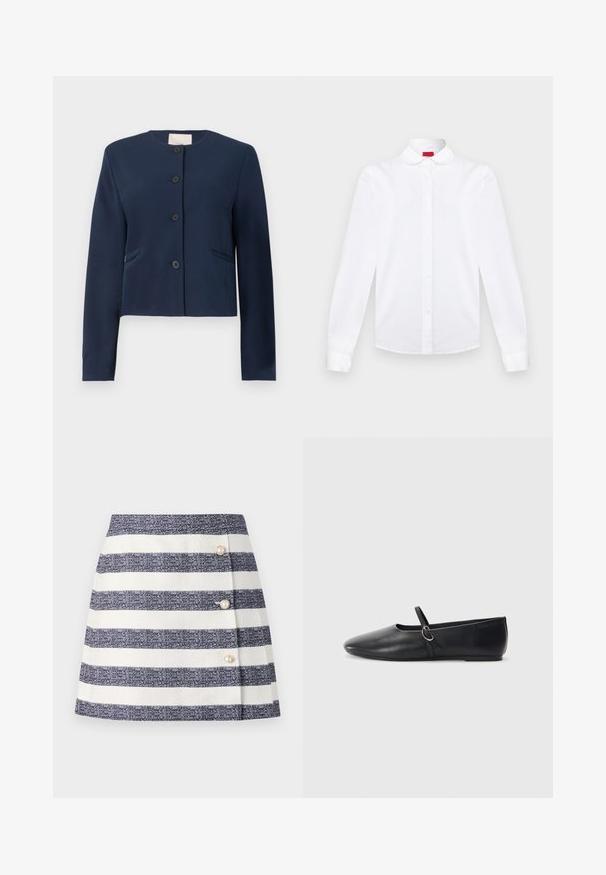 Marineblaues langärmliges, kragenloses Jacket mit vier schwarzen Knöpfen und zwei seitlichen Schlitztaschen, taillierte Passform.; Weißes langärmliges Hemd mit Knöpfen, rundem Kragen, geknöpfter Vorderseite und Manschetten, auf neutralem Hintergrund präsentiert.; Gestreifter A-Linien-Rock in Marineblau und Weiß, aus strukturiertem Stoff. Verfügt über drei Perlenknöpfe an der Seite.; Schwarze Leder-Ballettschuhe mit spitzem Schuhzeug, flacher Sohle und einem kleinen Riemen mit silberner Schnalle.