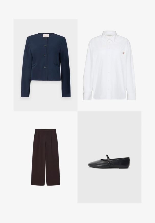 Chaqueta de manga larga azul marino, sin cuello, con cuatro botones negros y dos bolsillos laterales, de corte entallado.; Camisa blanca de manga larga con botones, cuello puntiagudo y pequeño parche con el logo de Calvin Klein en el bolsillo izquierdo del pecho.; Pantalones de pierna ancha de color marrón oscuro, confeccionados en una tela ligera, con una cintura alta, pliegues y dos bolsillos laterales, además de una cinturilla elástica.; Bailarinas de cuero negro con punta afilada, suela plana y una pequeña correa con detalle de hebilla plateada.