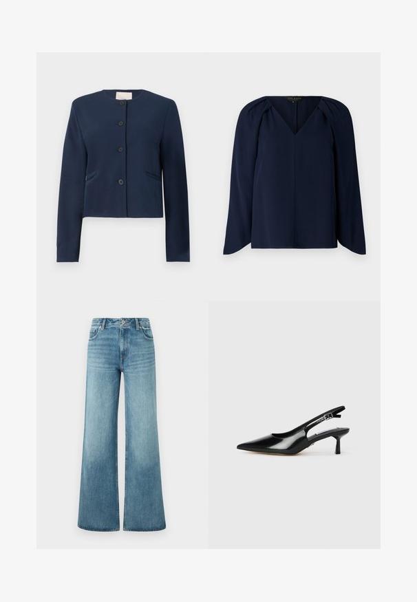 Navyblauwe colberloze jas met lange mouwen, vier zwarte knopen en twee zijzakken, op maat gemaakt.; Navyblauwe blouse met lange mouwen en een V-hals, voorzien van subtiele plooien op de schouders en een gladde, zachte textuur. Eenvoudig, elegant ontwerp.; Lichtblauwe wijde jeans van denim, met een hoge taille, vijf-pocket design en subtiele vervaging op de benen.; Zwarte gepatineerde leren slingback hakken met een spitse neus, dunne hak en verstelbare gespstrap. Gladde textuur met minimale details.