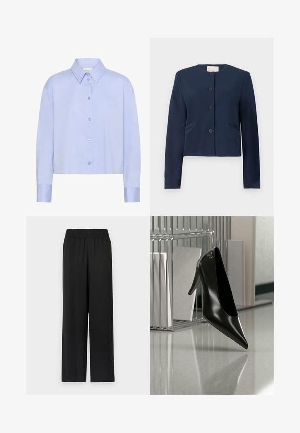 Chaqueta de manga larga azul marino, sin cuello, con cuatro botones negros y dos bolsillos laterales, de corte entallado.; Camisa corta de botón azul claro con cuello, mangas largas y botones transparentes. Detalle sutil del logo en el pecho.; Pantalones negros de pierna ancha con cinturilla elástica, hechos de una tela suave y ligera. Presenta un corte recto y sin patrones visibles.; Zapato de tacón alto negro con punta afilada y logo dorado, colocado sobre una superficie reflectante cerca de un organizador de archivos de alambre cromado con documentos.