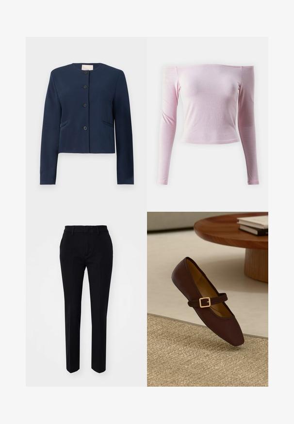 Námornícky modrá bunda s dlhým rukávom a bez goliera, s štyrmi čiernymi gombíkmi a dvoma postrannými vreckami, strih priliehajúci k telu.; Ružový off-shoulder top s dlhým rukávom vyrobený z jemného, ľahkého materiálu; priliehavý strih s krátkym lemom a hladkou textúrou.; Čierne krajčírské nohavice s hladkou textúrou látky, rovnými nohavicami a šikmými bočnými vreckami. Jednoduchý pás s pútkami na opasok, žiadne viditeľné vzory.; Hnedá kožená plochá obuv s špicatou špičkou a dekoratívnym pásikom s kultivovanou prackou v zlatej farbe. Teplé béžové tkané pozadie.