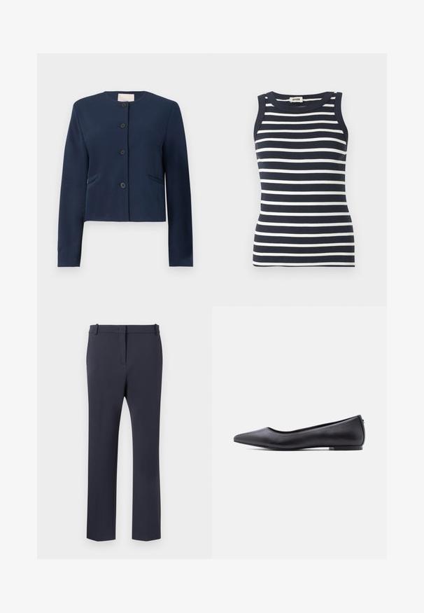Navy blue pitkähihaisella, kaulattomalla takilla, jossa on neljä mustaa nappia ja kaksi sivutaskua, muotoilu istuva.; Navyja ja valget triibulise mustriga triiksärgid, mis on valmistatud ribakangast, millel on ümmargune kaelus ja ilma varrukateta disain.; Tummansininen räätälöity housut, joissa on sileä kangas, suora lahkeet suunnittelu, vyölenkit ja etutaskut. Yksinkertainen ja siisti estetiikka.; Musta kärjestään terävä, matalakorkoinen nahkainen tasapohjakenkä, esitetty sivuprofiilissa valkoista taustaa vasten.