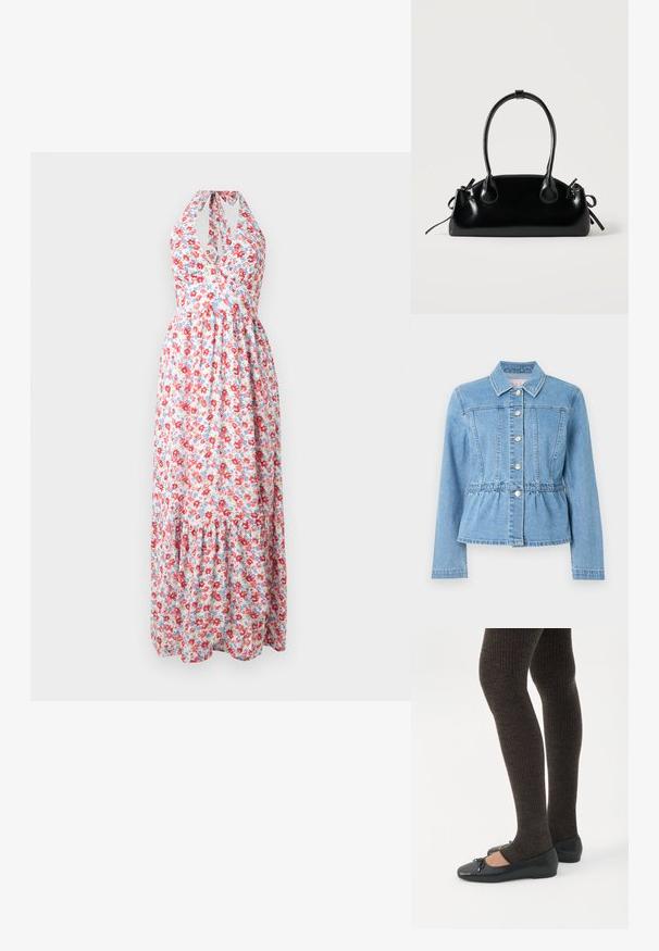 Lyseblå denimjakke med tætsiddende talje, lange ærmer, krave og syv sølvknapper. Inkluderer frontsyningsdetaljer og en indsnævret talje.; Blomster maxi kjole med halterneck design, farverigt rødt og blåt blomster mønster på en lys baggrund, med en tiered nederdel.; Ben iført mørke ribbede leggings kombineret med sorte balletsko med små sløjfedetaljer på hvid baggrund.; Lille sort blank håndtaske med to lange håndtag og snøre-detaljer i siden på en ensfarvet lys baggrund.