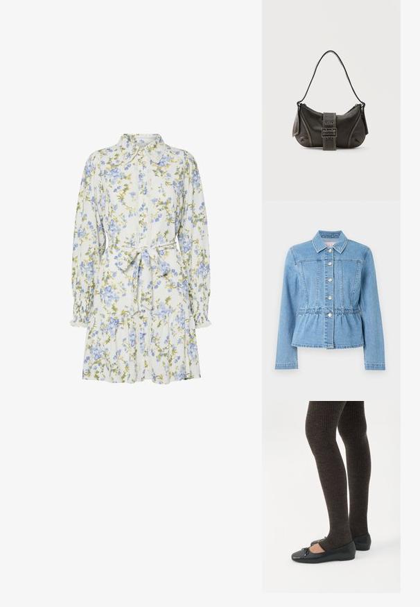 Lichtblauwe spijkerjasje met een getailleerde taille, lange mouwen, kraag en zeven zilveren knopen. Voorzien van naaddetails aan de voorkant en een geplooide taille.; Bloemendress in het wit met blauwe en groene bloemen, voorzien van een kraag, knoopsluiting aan de voorkant, lange mouwen met elastische manchetten en een tailleband.; Benen met donkere geribbelde leggings gecombineerd met zwarte ballerina's met kleine strikdetails op een witte achtergrond.; Zwarte leren schoudertas met gespsluiting aan de riem, afgeronde hoeken en contrasterende witte stiksels op een effen achtergrond.