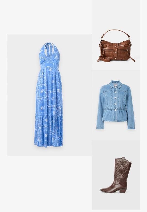 Chaqueta de mezclilla azul claro con cintura ajustada, mangas largas, cuello y siete botones plateados. Incluye costuras delanteras detalladas y cintura fruncida.; Vestido maxi azul con cuello halter, que presenta patrones florales y de paisley, falda con volantes y un corte holgado. Tela suave con una textura ligera.; Bota de vaquero de cuero marrón con puntera puntiaguda, costuras decorativas en el caña y un tacón bajo apilado. Textura suave con un acabado pulido.; Bolso de mano de cuero marrón con forma redondeada, dos bolsillos frontales con cremallera y una correa de hombro desmontable. Presenta herrajes y costuras en tono plateado.