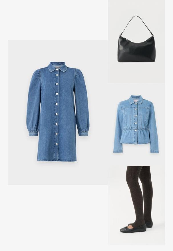 Lyseblå denimjakke med tætsiddende talje, lange ærmer, krave og syv sølvknapper. Inkluderer frontsyningsdetaljer og en indsnævret talje.; Denimkjole med lange puffede ærmer, knapåbning foran, krave og lige snit. Blåt stof med en glat overflade.; Ben iført mørke ribbede leggings kombineret med sorte balletsko med små sløjfedetaljer på hvid baggrund.; Sort skuldertaske i struktureret læder med buet toplynlås og enkelt justerbar rem mod ensfarvet baggrund.