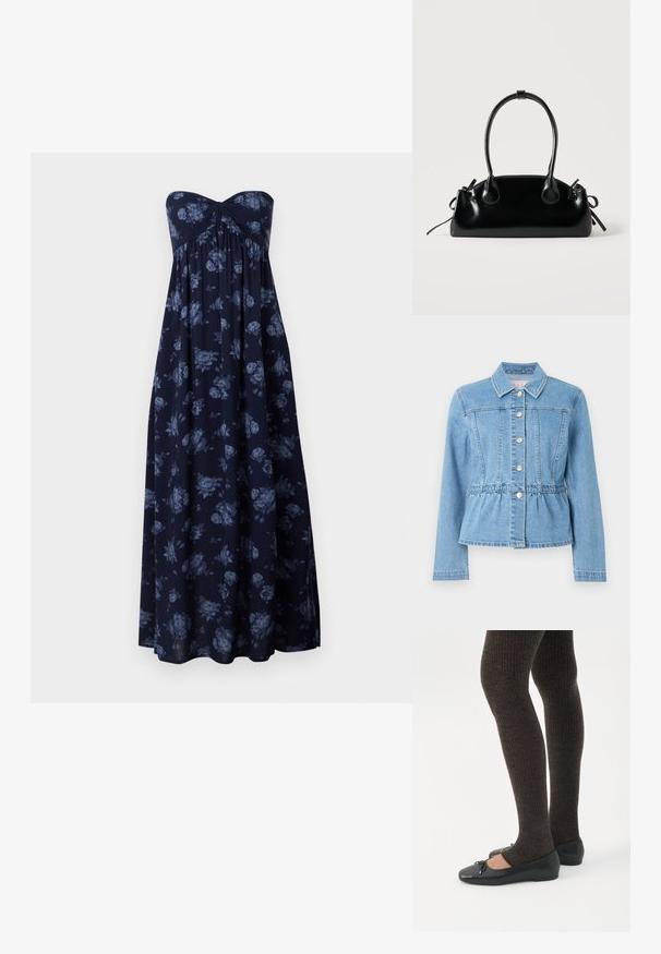Chaqueta de mezclilla azul claro con cintura ajustada, mangas largas, cuello y siete botones plateados. Incluye costuras delanteras detalladas y cintura fruncida.; Vestido maxi sin tirantes en azul marino con estampado floral en azul, con busto fruncido y silueta fluida. Tejido suave con textura lisa.; Piernas con leggings oscuros acanalados combinados con bailarinas negras que presentan pequeños detalles de lazo sobre un fondo blanco.; Pequeño bolso negro brillante con dos asas largas y detalles de cordón lateral sobre un fondo claro liso.