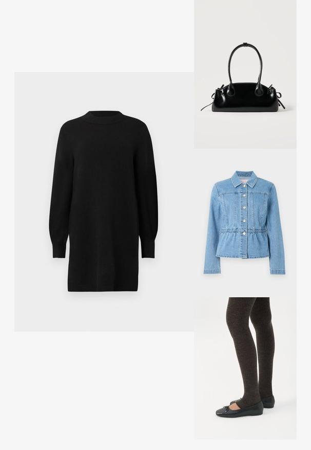 Veste en denim bleu clair avec une taille cintrée, des manches longues, un col et sept boutons argentés. Comprend des détails de couture à l'avant et une taille froncée.; Robe en tricot noire avec un col rond, des manches bouffantes longues et des poignets côtelés. Silhouette simple et droite. Texture lisse.; Jambes portant des leggings côtelés foncés associés à des ballerines noires avec de petits détails en nœud sur fond blanc.; Petit sac à main noir brillant avec deux longues anses et des détails à cordon sur les côtés sur un fond clair uni.