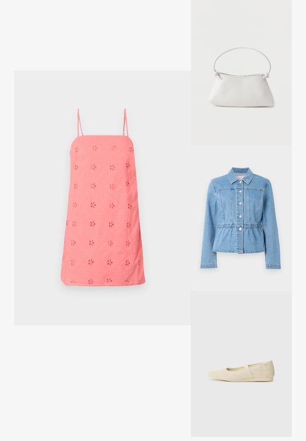 Lichtblauwe spijkerjasje met een getailleerde taille, lange mouwen, kraag en zeven zilveren knopen. Voorzien van naaddetails aan de voorkant en een geplooide taille.; Koraalroze zomerjurk met dunne bandjes, voorzien van geborduurde bloemmotieven en een textured stof. Gemaakt in een losse, A-lijn vorm.; Beige ballerina's met een gladde leren buitenkant, amandelvormige punt en elastische band over de wreef, met subtiele stiksels.; Witte handtas van gevlochten leer met een afgeronde handgreep en uiteinden van de band die geknoopt zijn, afgebeeld tegen een effen achtergrond.