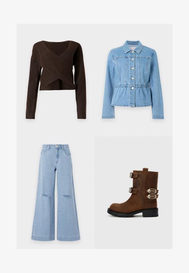 Veste en denim bleu clair avec une taille cintrée, des manches longues, un col et sept boutons argentés. Comprend des détails de couture à l'avant et une taille froncée.; Pull court marron en matériau doux, avec un décolleté en V profond, des manches longues et un design en superposition à l'avant.; Jeans taille haute bleu clair à jambes larges, dotés de deux poches avant et de deux détails de genoux déchirés, fabriqués en matériau denim.; Bottine en cuir marron avec deux boucles argentées sur le côté, semelle noire robuste et talon bas, vue de profil extérieur.