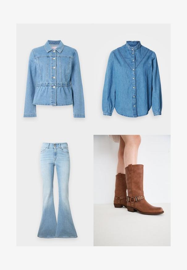 Lyseblå denimjakke med tætsiddende talje, lange ærmer, krave og syv sølvknapper. Inkluderer frontsyningsdetaljer og en indsnævret talje.; Blå denimskjorte med højt flæsekrave, knaplukning foran og lange ærmer. Har dekorative syninger og en let buet kant.; Lyseblå flagrende jeans lavet af denim. Har høj talje med to knapper og let blegning mod kanten. Klassisk fem-lomme design.; Brune læderankelstøvler med en let spids tå, dekorative spænder og en lav stablet hæl. Glat tekstur med en mat finish.