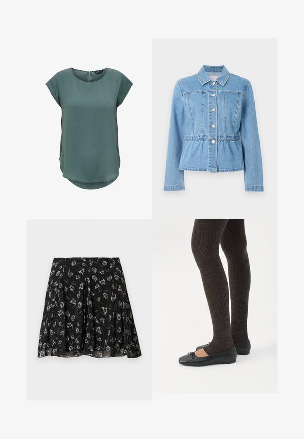 Veste en denim bleu clair avec une taille cintrée, des manches longues, un col et sept boutons argentés. Comprend des détails de couture à l'avant et une taille froncée.; Haut vert à manches courtes en tissu texturé. Présente un col rond et une fermeture éclair discrète au dos, avec un ourlet légèrement arrondi.; Jupe plissée noire avec imprimé floral blanc et olive, tissu fluide à texture subtile, coupe mi-longue.; Jambes portant des leggings côtelés foncés associés à des ballerines noires avec de petits détails en nœud sur fond blanc.