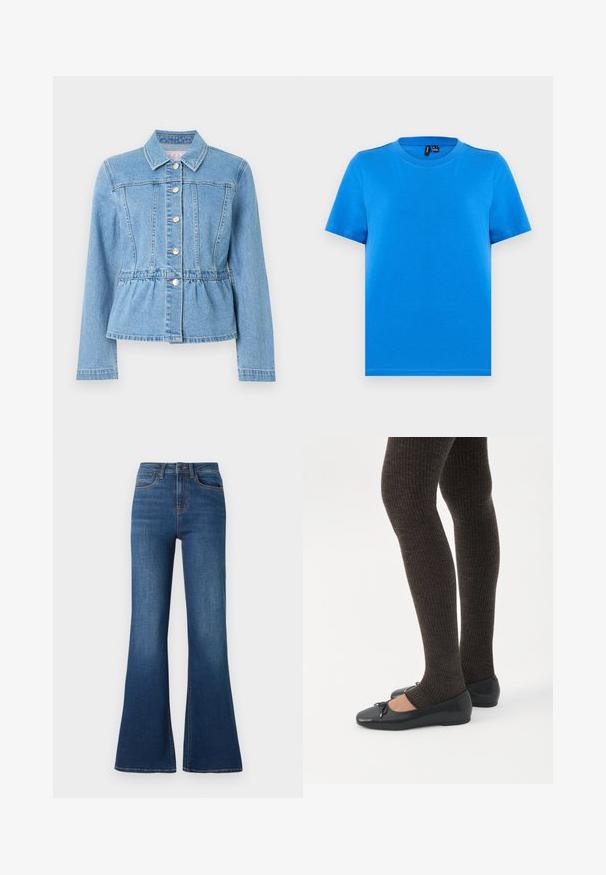 Chaqueta de mezclilla azul claro con cintura ajustada, mangas largas, cuello y siete botones plateados. Incluye costuras delanteras detalladas y cintura fruncida.; Camiseta de manga corta azul liso con cuello redondo y costuras visibles en el cuello, mostrada extendida sobre un fondo gris claro.; Jeans de denim acampanados hechos de un material de algodón de peso medio, con un lavado azul profundo, costuras en contraste y un diseño tradicional de cinco bolsillos.; Piernas con leggings oscuros acanalados combinados con bailarinas negras que presentan pequeños detalles de lazo sobre un fondo blanco.