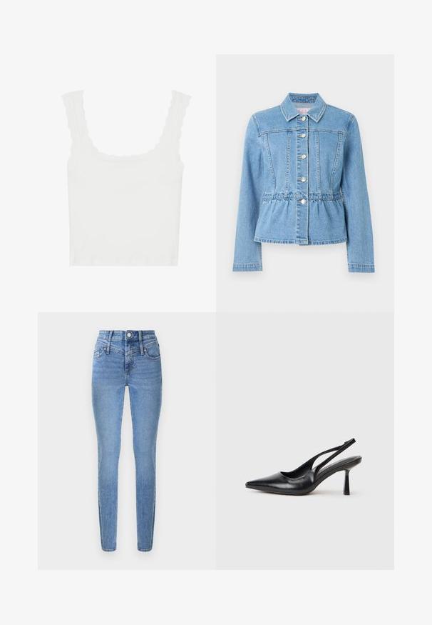 Veste en denim bleu clair avec une taille cintrée, des manches longues, un col et sept boutons argentés. Comprend des détails de couture à l'avant et une taille froncée.; Débardeur blanc à côtes avec des bordures festonnées sur les bretelles et le col, doté d'une coupe ajustée et d'une texture douce.; Jean skinny en denim bleu clair avec une taille haute, deux poches avant et une braguette zippée. Présente une texture lisse et un léger effet délavé.; Chaussure à talon haut en cuir noir, à bride arrière, avec un bout pointu et un talon fin sur fond blanc.