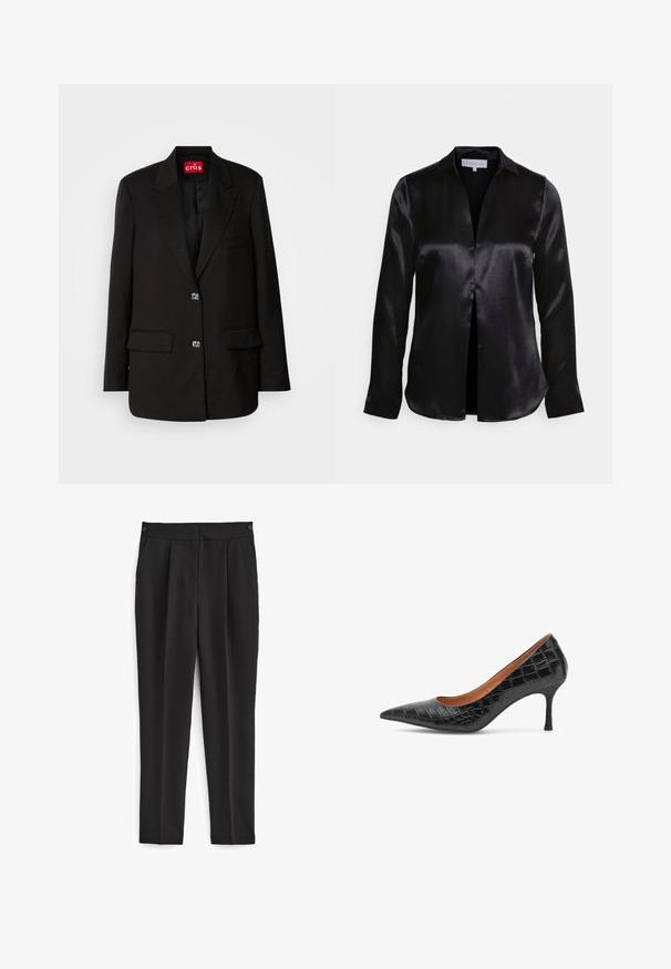 Sort blazer med et klassisk design, to forlommer og blanke sølvknapper; har en subtil spottet tekstur og spidse klapper.; STUDIO ID ALYSSA - Bluse - black; Sorte bukser med skræddersyet pasform, med flad front, to sidelommer og et rent, sømløst design. Fremstillet af et glat, åndbart stof.; Woden Pumps - black