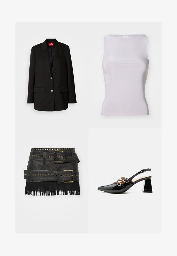 Musternähdud must blazer klassikalise disainiga, kahe esikotiga ja läikivate hõbedaste nuppudega; omab peeneid täppide struktuuri ja teravate krae.; BDG Urban Outfitters LIA - Topp - grey; Mustast faux nahast seelik, millel on suured metallist pandlad, nurgast detailid ja lõhikud hemmi ääres. Struktureeritud disain koos mitme vööga.; Mustad lakknahast slingback konts kahe esiosa pannaldega rihmaga ja turske, lehvikukujulise 6 cm kontsaga lihtsal heledal taustal.