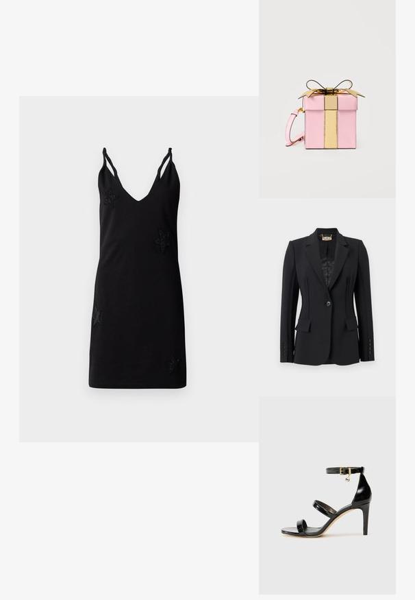Blazer negro a medida con solapas de muesca, cierre de un solo botón, bolsillos con solapa, cuatro botones en los puños y forro interior estampado con detalle de cadena dorada.; Vestido negro sin mangas con escote en V, hecho de tela suave, que presenta apliques decorativos de estrellas de cuentas en la parte delantera.; Sandalia de charol negro con tres correas, hebilla en el tobillo y tacón de aguja de 10 cm. Presenta detalles de hardware en oro y un charm con el logo.; Pequeño bolso de mano en forma de caja rosa con una correa vertical dorada brillante y un lazo en la parte superior, con una correa para la muñeca rosa en un lateral.