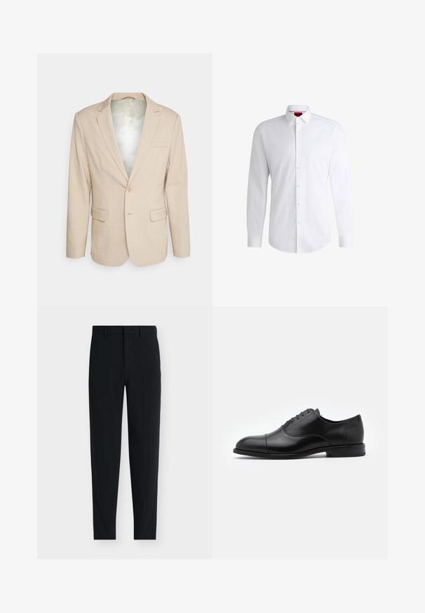 Bruuns Bazaar STATICEBBCARL BLAZER - Blazer - sand pinstripe; Chemise blanche à manches longues en tissu lisse avec un col classique et un ourlet arrondi. Présente des boutons beiges à l'avant.; Pantalon noir cintré sur mesure avec passants de ceinture et fermeture avant dissimulée, présenté sur fond blanc.; Chaussure habillée en cuir noir avec un bout arrondi, un design à lacets et des détails de couture subtils. Présente un petit talon et une texture lisse.