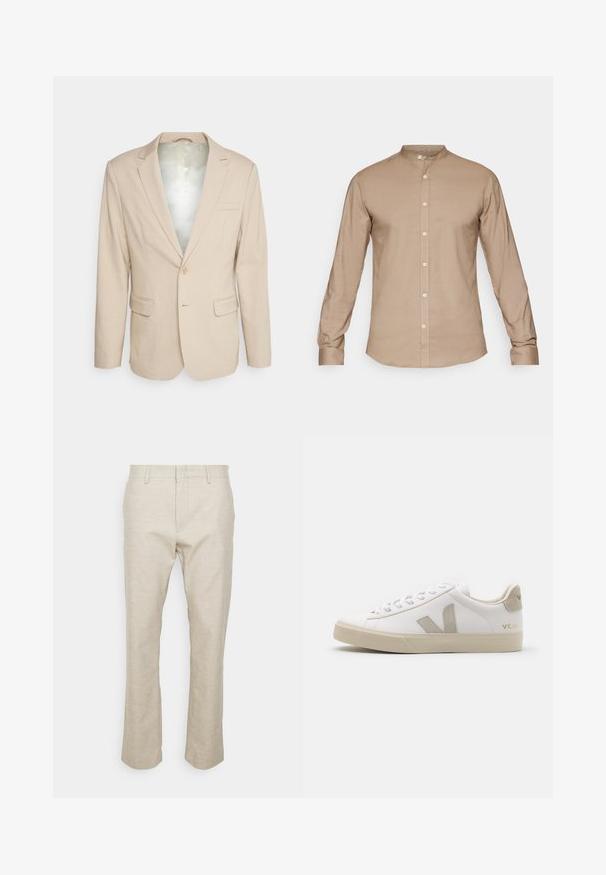 Bruuns Bazaar STATICEBBCARL BLAZER - Blazer - sand pinstripe; Beige skjorte med krave og lange ærmer, knapfront og en glat tekstur. Har en subtil glans, standardmanchetter og ingen mønstre.; Beige linnedragt med lige ben, frontlommer og en glat tekstur. Minimalistisk design; ingen synlige mønstre eller hardware.; Hvide lædersneakers med beige detaljer, flad gummisål, rund tå og kontrasterende logo på siden og bagsiden. Snørebåndsdesign.