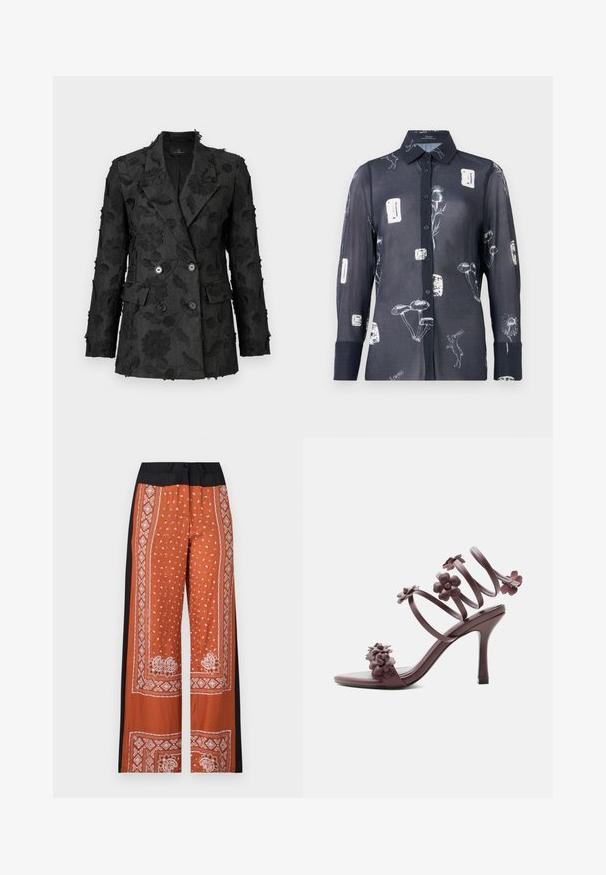 Sort broderet blazer med blomsterprint, dobbeltknapdesign, struktureret stof og fire sorte knapper foran.; Marine skjorte med gennemsigtig knaplukning og hvide blomster- og dyreprint, med klassisk krave, lange ærmer og en struktureret overflade.; Bredde bukser i orange med sort talje, prydet med et detaljeret hvidt bandana-mønster, glat tekstur og detaljerede kantdesigns.; Mørk mauve højhælet sandal med spiral ankestrop og flere 3D blomsterdekorationer på stropper og tåområde.