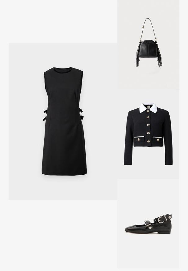 Veste noire courte avec col blanc pointu, boutons dorés sur le devant et sur deux poches avant avec bord blanc.; Robe noire sans manches en tissu lisse, dotée de nœuds sur les côtés, d'un col rond et d'une taille cintrée, avec une jupe droite.; Ballerine en cuir verni noir avec un bout carré, sangle de cheville avec des détails en métal argenté et semelle plate. Texture lisse avec un design minimaliste.; Sac à main en cuir noir avec une forme courbée, une longue bandoulière réglable et des franges de chaque côté sur un fond clair.