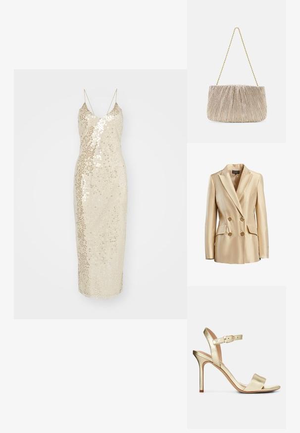 Beige dubbelzijdige blazer van satijn, met een gesneden kraag, twee voorzakken en goudkleurige knopen voor sluiting.; Gelaagde jurk in crème kleur, met een slank model, knielange ontwerp en dunne spaghettibandjes. De stof is versierd met glanzende pailletten.; Gouden metallic, gestrikte hoge hak sandaal met een gesp sluiting, open teen en een gladde textuur. Kenmerkt zich door een slanke, puntige hak.; Plooitjes metallic stoffen handtas met een gouden kettinghengsel, zachte rechthoekige vorm, lichtbeige kleur, gestructureerd oppervlak en gathered details.