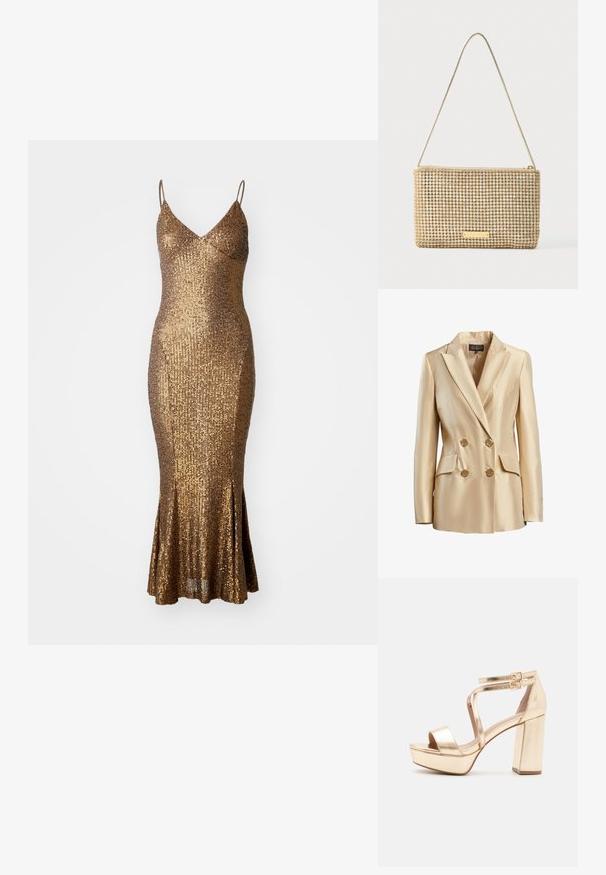 Beige doppelt geknöpften Blazer aus Satin mit Reverskragen, zwei Fronttaschen und goldfarbenen Knöpfen zum Schließen.; Goldener Pailletten-Kleid mit figurbetonter Silhouette, Spaghettiträgern und ausgestelltem Saum. Texturierte Oberfläche reflektiert das Licht und verstärkt den Glanz.; Goldene metallische Plateausandalen mit einem klobigen Blockabsatz, offenen Zehen und kreuzweise verlaufenden Knöchelriemen mit Schnallenakzenten. Glatte Textur.; Goldene Clutch mit rechteckiger Form, bedeckt mit glänzenden silbernen Strasssteinen. Verfügt über einen dünnen, metallischen Schulterriemen und einen Reißverschluss.