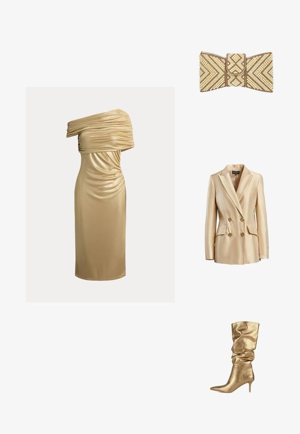 Beige dubbelzijdige blazer van satijn, met een gesneden kraag, twee voorzakken en goudkleurige knopen voor sluiting.; Gouden asymmetrische jurk tot op de knie met geplooide details op het bovenstuk en een aansluitend silhouet.; LOLA CASADEMUNT Laarzen - gold; Clutch tas in de vorm van een strik, versierd met gouden kralen en crèmekleurige parels in geometrische patronen op een witte achtergrond.