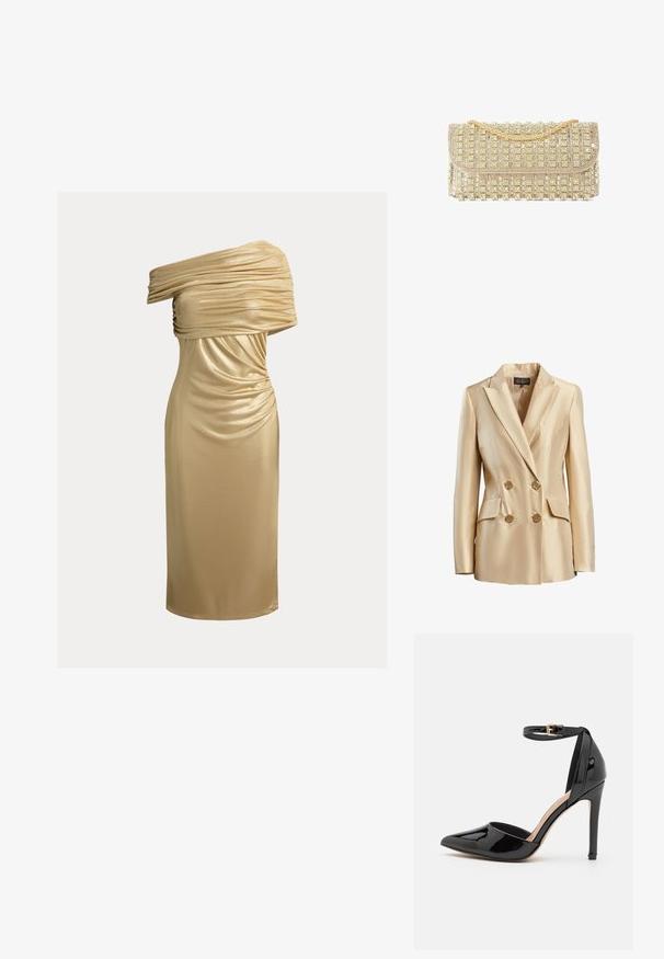 Beige dubbelzijdige blazer van satijn, met een gesneden kraag, twee voorzakken en goudkleurige knopen voor sluiting.; Gouden asymmetrische jurk tot op de knie met geplooide details op het bovenstuk en een aansluitend silhouet.; Zwarte gepatineerde leren hoge hak met een spitse neus, enkelbandje en slanke stilettohle. Gladde textuur met een glanzende afwerking.; Avond clutch in goudkleur met een gouden kettingriem en rijen fonkelende strasversieringen.