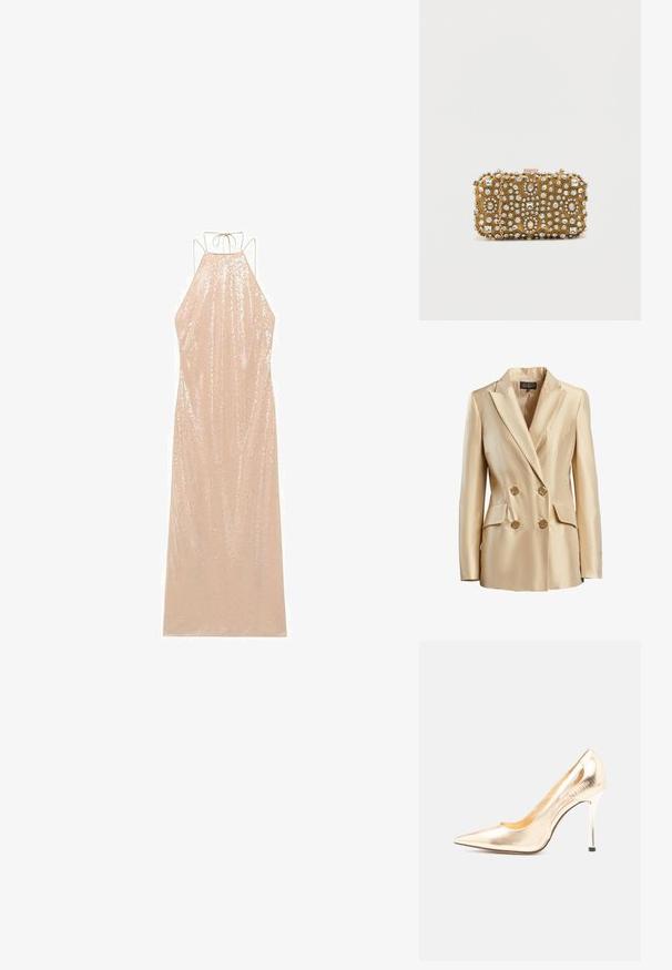 Blazer beige de doble botonadura hecho de satén, con cuello de muesca, dos bolsillos frontales y botones dorados para el cierre.; Vestido largo sin mangas en beige claro con cuello halter y lazo en la espalda. Cubierto de lentejuelas, con una silueta fluida y textura suave.; Zapato de salón metálico dorado con tacón alto y punta afilada, con una silueta elegante y detalles recortados en los lados. Acabado brillante, tacón de aguja.; Clutch dorado con intrincados adornos de cuentas y strass. Forma rectangular, cierre de broche y asa de cadena desmontable.