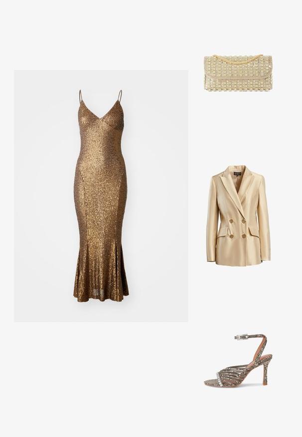 Blazer beige de doble botonadura hecho de satén, con cuello de muesca, dos bolsillos frontales y botones dorados para el cierre.; Vestido dorado de lentejuelas con silueta ajustada, tirantes spaguetti y dobladillo acampanado. Superficie texturizada que refleja la luz, realzando el brillo.; Sandalia de tacón alto con finas tiras brillantes, una tira en el tobillo con hebilla de pedrería y una suela texturizada en tonos neutros.; Bolso de mano de noche tono dorado con una correa de cadena dorada y filas de adornos brillantes de pedrería.