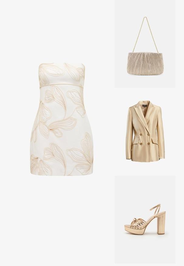 Blazer beige de doble botonadura hecho de satén, con cuello de muesca, dos bolsillos frontales y botones dorados para el cierre.; Vestido sin tirantes en crema con patrones florales en relieve en beis claro. Diseño ajustado, textura suave, corte a la altura de la rodilla y sin cierres visibles.; Sandalia de tacón alto dorada con tiras, diseño frontal anudado, plataforma gruesa y correa en el tobillo, con un brillo metálico y textura suave.; Bolso de mano de tejido metálico plisado con cadena dorada, forma rectangular suave, color beige claro, superficie texturizada y detalles fruncidos.