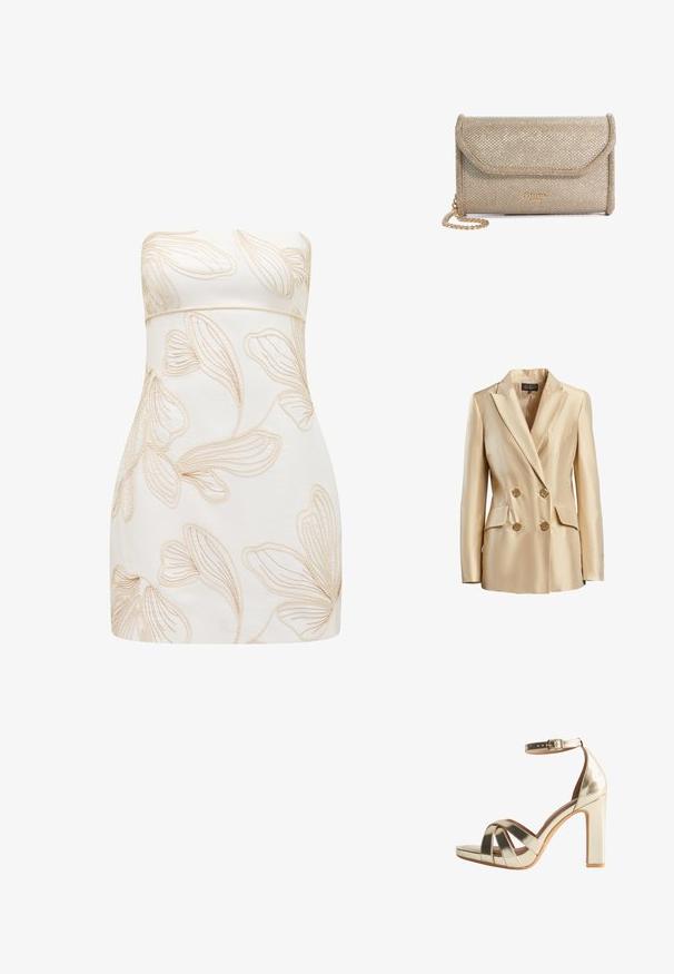 Beige dubbelzijdige blazer van satijn, met een gesneden kraag, twee voorzakken en goudkleurige knopen voor sluiting.; Strapless jurk in crèmekleur met reliëf bloemenpatronen in lichtbeige. Getailleerd ontwerp, gladde textuur, knielange snit en geen zichtbare sluitingen.; Metallische gouden hoge hak sandaal met een blokhak, voorzien van kruislings banden, enkelbandje met gesp en een glanzende afwerking.; Gouden clutch met een textuur oppervlak, voorzien van een klepafsluiting, een kettinghengsel en een logo dat op de voorkant is geperst.