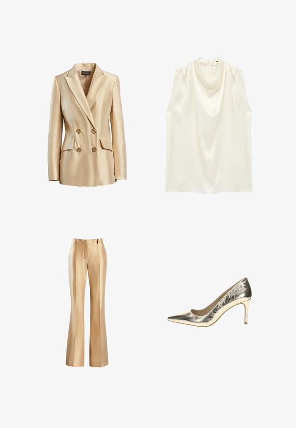 Blazer beige de doble botonadura hecho de satén, con cuello de muesca, dos bolsillos frontales y botones dorados para el cierre.; Blusa sin mangas de satén crema con cuello vuelto drapeado y cierre trasero con cremallera.; Pantalones acampanados de satén beige con una textura suave, que cuentan con una cremallera frontal y cierre con un solo botón. Dos bolsillos laterales y detalle de pliegues.; Zapato de tacón alto metálico dorado con punta afilada y una textura suave y arrugada. Presenta una abertura estrecha y un tacón delgado y curvado.