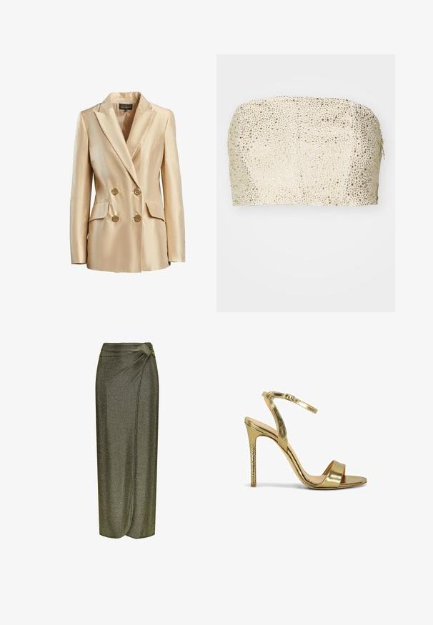 Beige dubbelzijdige blazer van satijn, met een gesneden kraag, twee voorzakken en goudkleurige knopen voor sluiting.; Patrizia Pepe CAMICIA - Top - ivory/shiny gold; Metallisch olivegroene midi-skirt met een knoopdetail op de taille, gemaakt van een glanzende, rekbare stof die soepel valt.; Gouden sandaal met hoge hak, enkelriempje, open teen en slanke naaldhak op een witte achtergrond.