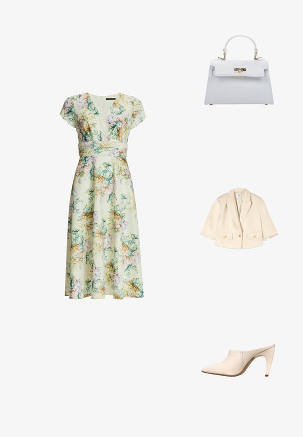 Blazer beige court avec larges revers, manches trois-quarts, deux poches à rabat à l'avant avec boutons dorés, et une fermeture à un seul bouton doré.; Robe midi fleurie avec manches courtes, col en V, taille cintrée et fleurs pastel dans des tons verts, roses, violets et beiges sur fond crème.; Mule beige à bout pointu, talon incurvé de hauteur moyenne et détails de couture minimaux près de l’ouverture sur fond blanc.; ESTRO Sac à main - white