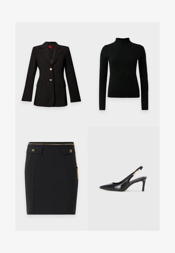Sort skræddersyet blazer med hakkede revers, to gyldne knapper og klaplommer, vist på en ensfarvet lys grå baggrund.; Sort turtleneck sweater med lange ærmer, prydet med et tekstureret mønster og en tætsiddende pasform. Fremstillet af et blødt, strækbart materiale.; Sort tætsiddende nederdel med forlommer, dekorative guldknapper og et tyndt guldkjedebælte med en kvast på højre side.; Sort læder slingback højhælede sko med spidse tæer, glat overflade og en smal ankelrem med guldfarvede hardware detaljer.