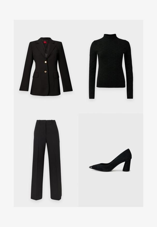 Sort skræddersyet blazer med hakkede revers, to gyldne knapper og klaplommer, vist på en ensfarvet lys grå baggrund.; Sort turtleneck sweater med lange ærmer, prydet med et tekstureret mønster og en tætsiddende pasform. Fremstillet af et blødt, strækbart materiale.; Sorte bukser med vide ben lavet af glat stof, med høj talje, dobbelte frontplisseringer og diskrete sidelommer.; Sort ruskind højhælet pumpe med spids tå, udstyret med en blank sort kappel og en kraftig, tapered hæl.