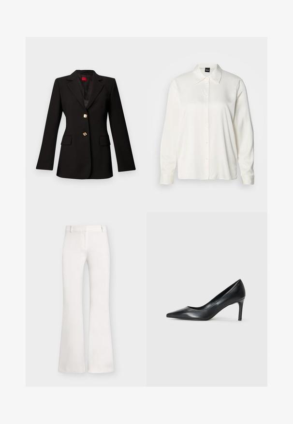 Blazer negro entallado con solapas con muesca, dos botones dorados y bolsillos con solapa, mostrado sobre un fondo liso gris claro.; Camisa blanca de manga larga confeccionada en tela lisa, con cuello clásico, cierre frontal de botones y puños abotonados, con un corte relajado.; Pantalones acampanados blancos de cintura alta con trabillas para cinturón y cierre frontal de cremallera sobre fondo claro.; Zapato de tacón negro de cuero con punta afilada y un tacón delgado, textura suave y sin adornos visibles. Diseño limpio con una estética minimalista.