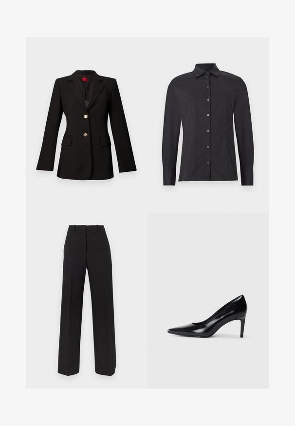 Blazer noir sur mesure avec revers en encoche, deux boutons dorés et poches à rabat, présenté sur un fond gris clair uni.; Chemise noire à manches longues avec boutons, col classique, coupe slim et détails de coutures sur fond gris clair.; Pantalon noir à jambes larges en tissu lisse, avec une taille haute, deux plis avant et des poches latérales discrètes.; Chaussure à talon haut en cuir noir avec un bout pointu, texture lisse et un talon effilé. Design minimaliste, sans embellissements supplémentaires.