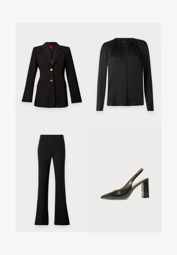 Blazer noir sur mesure avec revers en encoche, deux boutons dorés et poches à rabat, présenté sur un fond gris clair uni.; Blouse noire à manches longues en tissu lisse avec un col arrondi et de légères fronces aux épaules. Présente une coupe droite et une fermeture par boutons.; Pantalons évasés noirs en tissu lisse avec une taille haute, dotés de deux poches arrière et d'un pli sur le devant de chaque jambe.; Chaussure slingback en cuir noir à bout pointu avec un talon bloc haut et une doublure intérieure beige sur un fond clair uni.