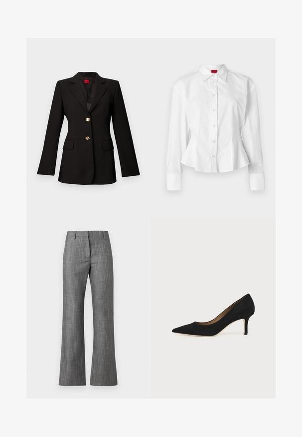 Blazer noir sur mesure avec revers en encoche, deux boutons dorés et poches à rabat, présenté sur un fond gris clair uni.; Chemisier blanc à basque, à manches longues, avec col classique et fermeture à boutons sur le devant. Fabriqué en tissu coton lisse avec un design structuré.; Pantalon gris sur mesure avec un motif pied-de-poule, coupe droite et texture lisse. Comprend une ceinture avec passants.; Escarpin en daim noir à bout pointu avec un talon stiletto fin de hauteur moyenne et un design à coupe basse sur un fond uni.