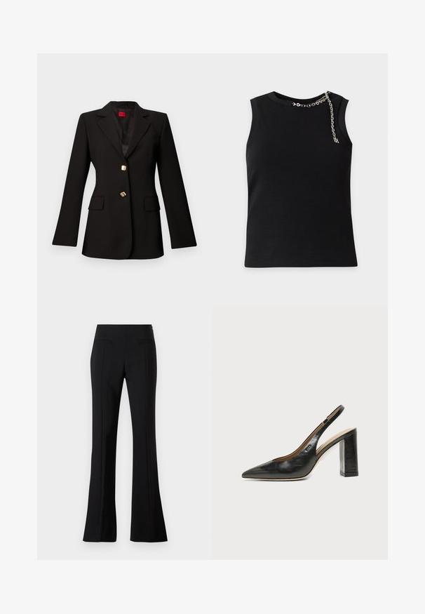 Blazer negro entallado con solapas con muesca, dos botones dorados y bolsillos con solapa, mostrado sobre un fondo liso gris claro.; Top negro sin mangas con escote redondo y detalle de cadena plateada que cae sobre el hombro izquierdo sobre un fondo blanco.; Pantalones acampanados negros hechos de una tela suave con una cintura alta, que cuentan con dos bolsillos traseros y una línea en el frente de cada pierna.; Zapato slingback de piel negra con puntera puntiaguda, tacón alto y ancho, y forro interior beige sobre un fondo claro y liso.