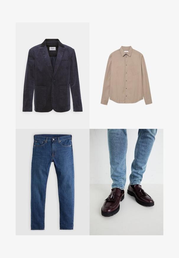 WAX LONDON FINTRY - Jakkesæt blazere - navy; Beige langærmet skjorte med knap-ned krave. Har en vertikal ribbet tekstur og en brystlomme. Grå knapper forbedrer designet.; Mørkeblå denimjeans med lige ben, fem lommer, knaplukning og detaljer i orange syning. Glat tekstur og klassisk pasform.; Bordeaux læder loafers med kvaster og en tekstureret overdel, parret med lyseblå denimjeans. Sort gummisål synlig.