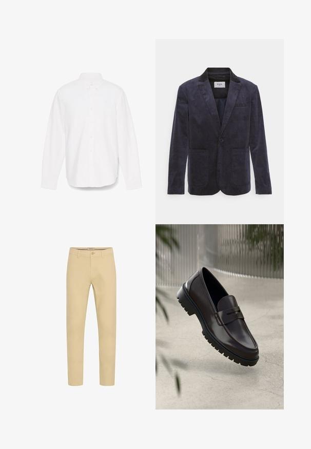 WAX LONDON FINTRY - Sako - navy; Biela košeľa s dlhým rukávom a zapínaním na gombíky, so špicatým golierom, jedným vreckom a jemne textúrovanou látkou. Obsahuje gombíkové manžety a rovný spodný okraj.; Béžové chino nohavice so slim fit strihom, vyrobené z bavlnenej tkaniny. Majú zapínanie na gombík a zips, predné vrecká a hladkú matnú textúru.; Hnedé kožené mokasíny s textúrovanou, ryhovanou gumovou podrážkou. Obsahujú elegantný dizajn a dekoratívny remienok cez priehlavok.