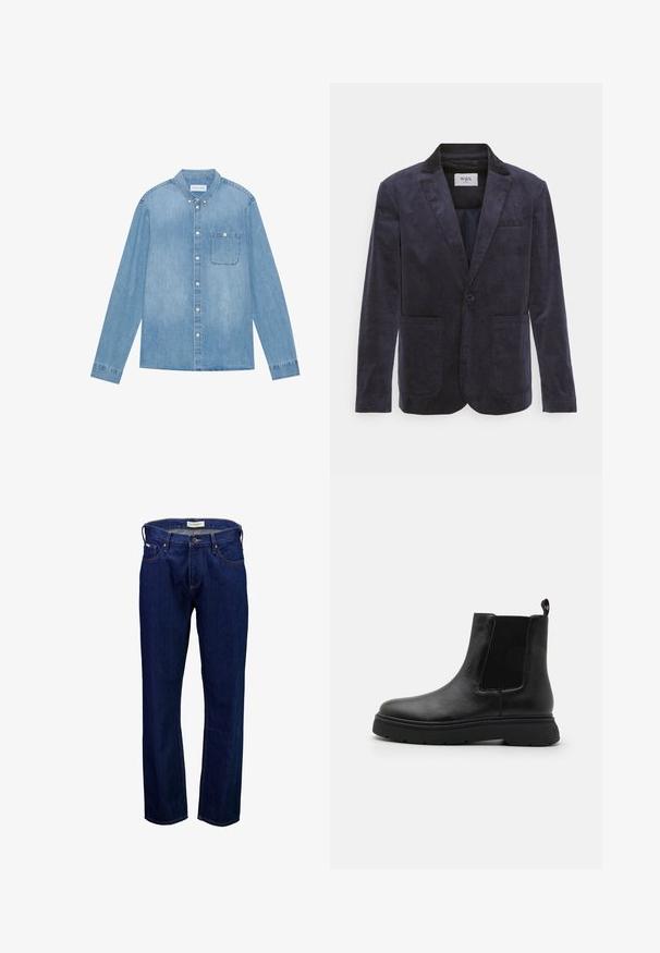 WAX LONDON FINTRY - Ülikonnapintsakud - navy; Hele sinine denimist nööpidega särk, pikkade varrukatega, terava kraega, ühe rinnataskuga ja kangal on pehme fade.; Tumesinised teksapüksid sirge lõikega, kontrastse õmblusega ja klassikalise viie taskuga disainiga. Omavad bränditud vöökohal asuvat silti.; Mustad nahast pahkluu saapad ribatud elastse külg-paneeli, ümarate varvaste ja jämeda musta tallaga. Kaasas on tõmbetaba mugavaks selga panemiseks.