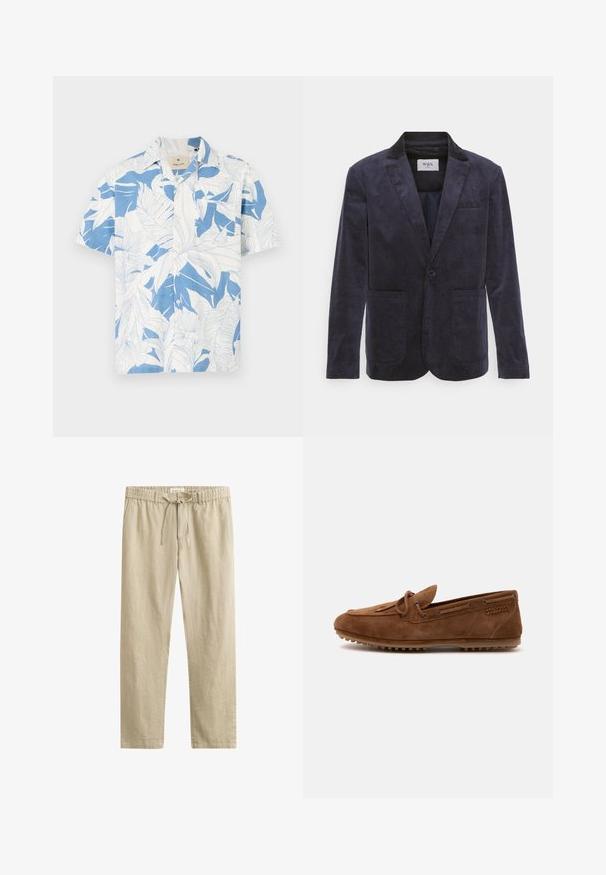 WAX LONDON FINTRY - Anzugsakko - navy; Kurzarmhemd mit einem weißen und blauen tropischen Blätterdruck, aus leichtem Stoff gefertigt. Verfügt über einen klassischen Kragen und ein knöpfbares Design.; Beige gerade Hose mit elastischem Bund, Knopf- und Kordelverschluss, aus leichtem Stoff.; Brauner Veloursleder-Slipper mit Schnürdetail, Gummisohle mit Grip-Noppen und Nahtakzent auf schlichtem weißem Hintergrund.