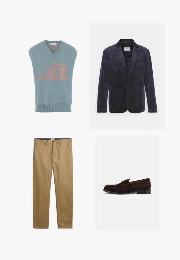 WAX LONDON FINTRY - Anzugsakko - navy; Helles blaues ärmelloses Stricktop mit V-Ausschnitt, das ein rosa grafisches Design mit dem Wort "another" und einem Geschwindigkeitsmotiv zeigt. Gerippter Saum.; Khakifarbene Baumwollhose mit geradem Schnitt, ausgestattet mit Seitentaschen, einem Knopfverschluss und einem strukturierten Stoff.; Dunkelbrauner Wildleder-Herrenschuh mit dekorativer Naht und niedrigem Absatz, von der Außenseite auf hellem, einfarbigem Hintergrund dargestellt.
